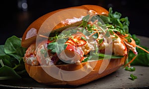 The photo depicts a colorful and attractive lobster roll