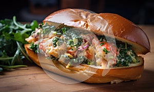 The photo depicts a colorful and attractive lobster roll