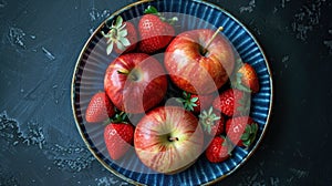 The photo depicts a fruit plate including juicy, apples and fresh strawberries