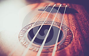 Photo depicts musical instrument ukulele guitar.