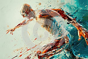 This photo depicts a painting of a soccer player in action as they kick a ball on the field, Artistic reimagining of sports-