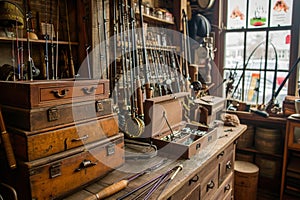 This photo depicts a room filled to capacity with a variety of wooden drawers, providing ample storage space, An antique shop
