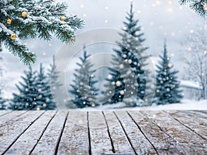 Snowy winter landscape with a wooden table. Merry Christmas and Happy New Year background with snow-covered trees.