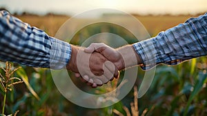 Harvesting Success: Two Farmers Shake Hands in Corn Field, Happy with Agreement