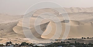 Photo of a desert landscape with a lush oasis of trees in the foreground