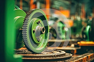 Photo of a detailed image of a vibrant green gear wheel. Modern metal processing at an industrial enterprise. Manufacturing of