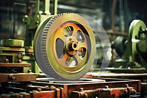 Photo of a detailed shot of a rotating wheel on a manufacturing conveyor belt. Modern metal processing at an industrial enterprise