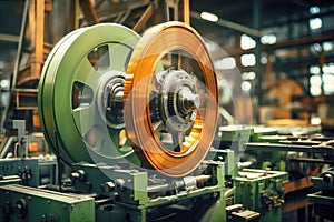 Photo of a detailed view of industrial machinery in a manufacturing plant. Modern metal processing at an industrial enterprise.