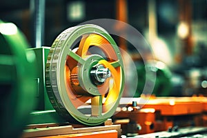 Photo of a detailed view of a vibrant machine in green and yellow colors. Modern metal processing at an industrial enterprise.