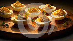 Photo of deviled eggs arranged on a rustic wooden platter