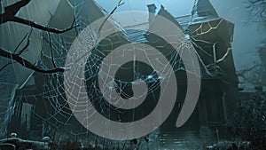 A photo of a dilapidated, eerie house with a spider web prominently featured in the foreground, Spiders weaving intricate webs
