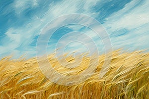 This photo displays a painting depicting a wheat field with a blue sky as the backdrop, Brush strokes mimicking a windy day in a