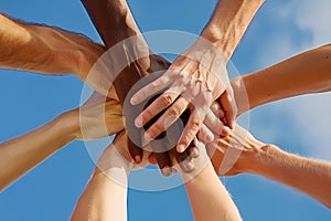 A photo of diverse hands coming together in unity, symbolizing the power and strength found through collective. Ai