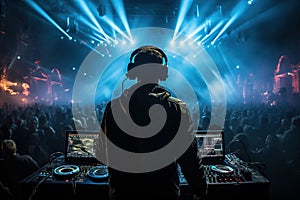 Photo of a DJ performing live at a high-energy concert, captivating a crowd with their music