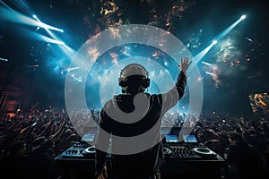 Photo of a DJ performing live at a high-energy concert, captivating a crowd with their music