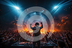 Photo of a DJ performing live at a high-energy concert, captivating a crowd with their music