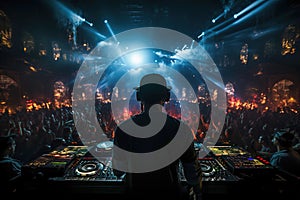 Photo of a DJ performing live at a high-energy concert, captivating a crowd with their music