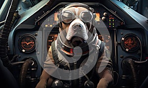 Photo of a dog dressed as a pilot with a helmet and goggles