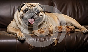 Photo of a dog lounging on a leather couch with a plate of food nearby