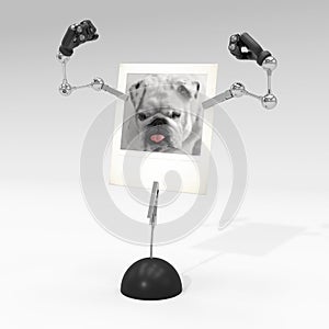 Photo of a dog on picture clip holder with toy arms showing muscles