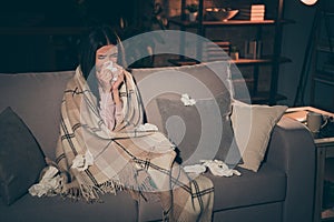 Photo of domestic lady can`t sleep caught cold sneezing paper napkins everywhere fever feel unwell worried about work in