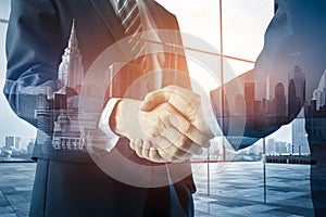 Photo Double exposure of business partnership handshake and modern city skyline, symbolizing successful agreements
