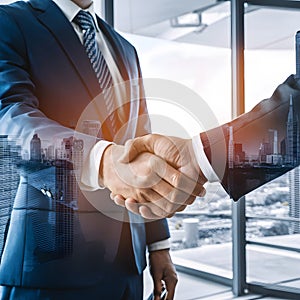 Photo Double exposure of business partnership handshake and modern city skyline, symbolizing successful agreements