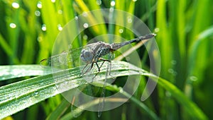 A photo of a dragonfly perched on a rice leaf in the morning