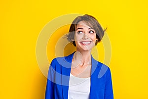 Photo of dreamy cute business lady young person wear stylish blue blazer formal uniform look empty space isolated on