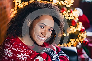 Photo of dreamy cute lovely girl waiting miracle in decorated room celebrating festal xmas morning indoors house