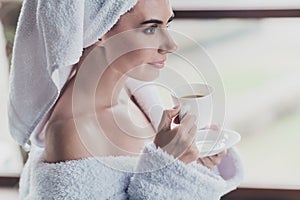 photo of dreamy lady after bath wash hair now drink aromatic coffee planning day at cozy home bath