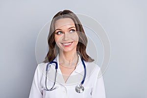 Photo of dreamy virologist lady look empty space recommend covid protect vaccine  grey color background