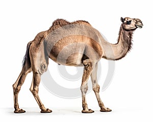 photo of dromedary known as Arabian riding camel isolated on white background. Generative AI