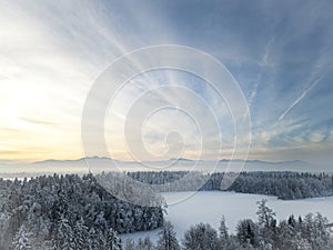 Photo with a drone of a beautiful winter snow covered landscape