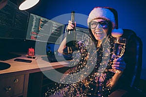 Photo of drunk it specialist professional lady sparkling wine glass and bottle attend corporate newyear x-mas party say