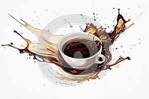 Photo of a dynamic and energetic depiction of a coffee cup overflowing with splashes