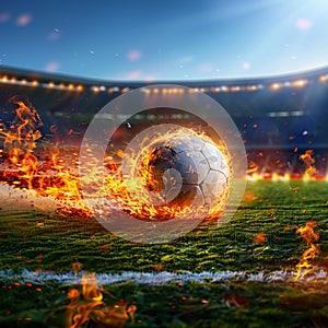 Photo Dynamic shot soccer ball ablaze speeds onto stadium field