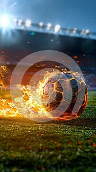 Photo Dynamic shot soccer ball ablaze speeds onto stadium field