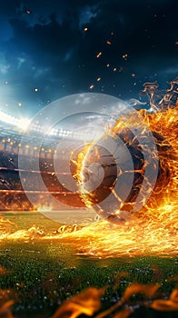 Photo Dynamic shot soccer ball ablaze speeds onto stadium field