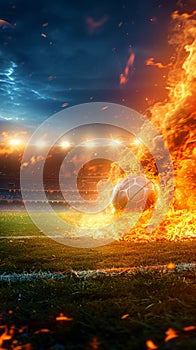 Photo Dynamic shot soccer ball ablaze speeds onto stadium field