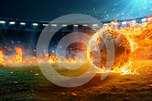 Photo Dynamic shot soccer ball ablaze speeds onto stadium field