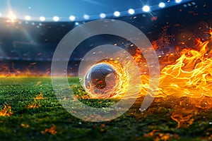 Photo Dynamic shot soccer ball ablaze speeds onto stadium field