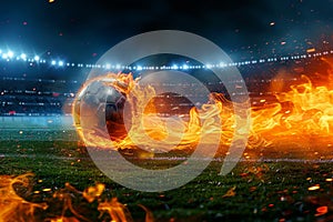 Photo Dynamic shot soccer ball ablaze speeds onto stadium field