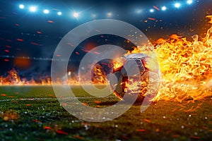 Photo Dynamic shot soccer ball ablaze speeds onto stadium field