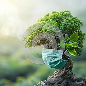 Photo Earths defender Tree promotes environmental protection, donning a protective mask