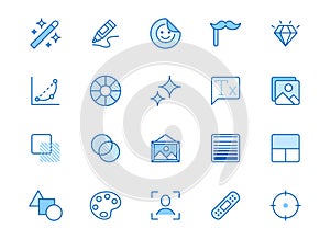 Photo edit line icon set. Image filter, add sticker, adjust curves, glow, heal minimal vector illustration. Simple