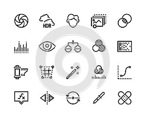 Photo editing line icons. Camera image correction, beautifier filters, contrast and light balance tools. Vector healing