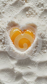 A photo of an egg yolk shaped like a heart sitting on top of white flour, symbolizing love and sweet treats for