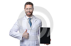 photo of ehealth and doctor man with tablet, thumb up. doctor promoting ehealth isolated on white