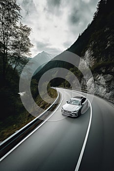 A photo of an electric car moving along a mountain road AI generated